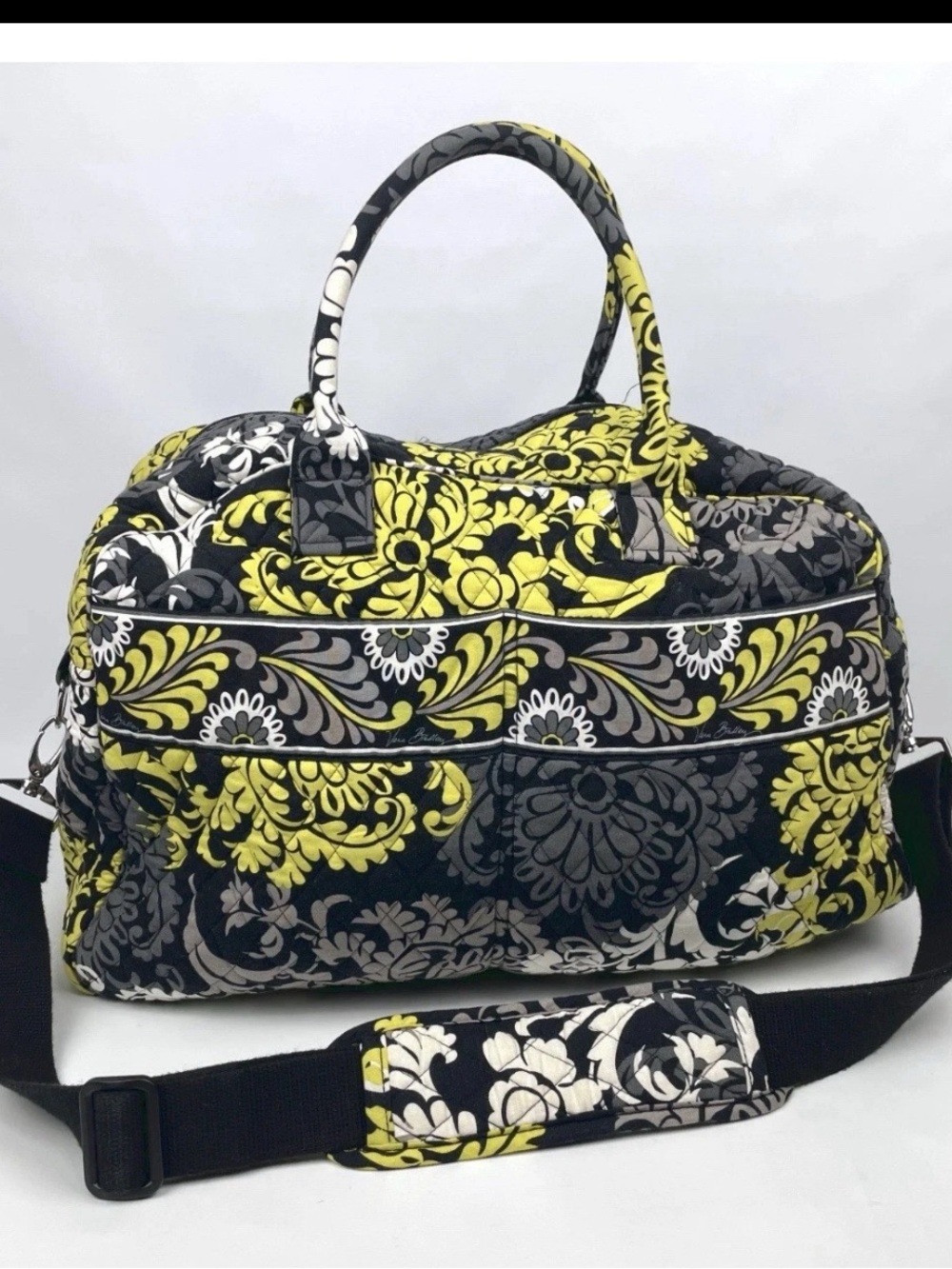 Vera Bradley Baroque Large 20” Travel Duffel Bag Tote Floral Damask Black Yellow